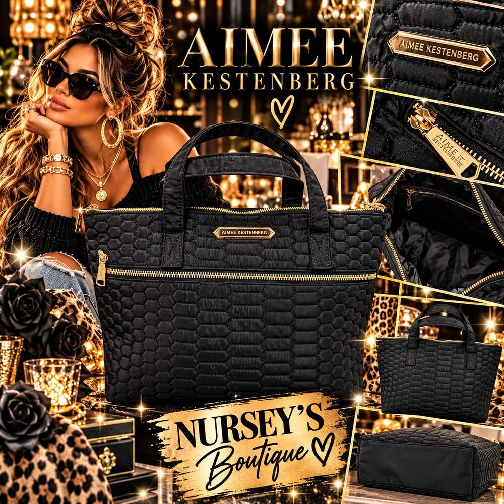 Aimee Kestenberg Black Honeycomb Quilted Nylon Tote Gold Zip Work Bag